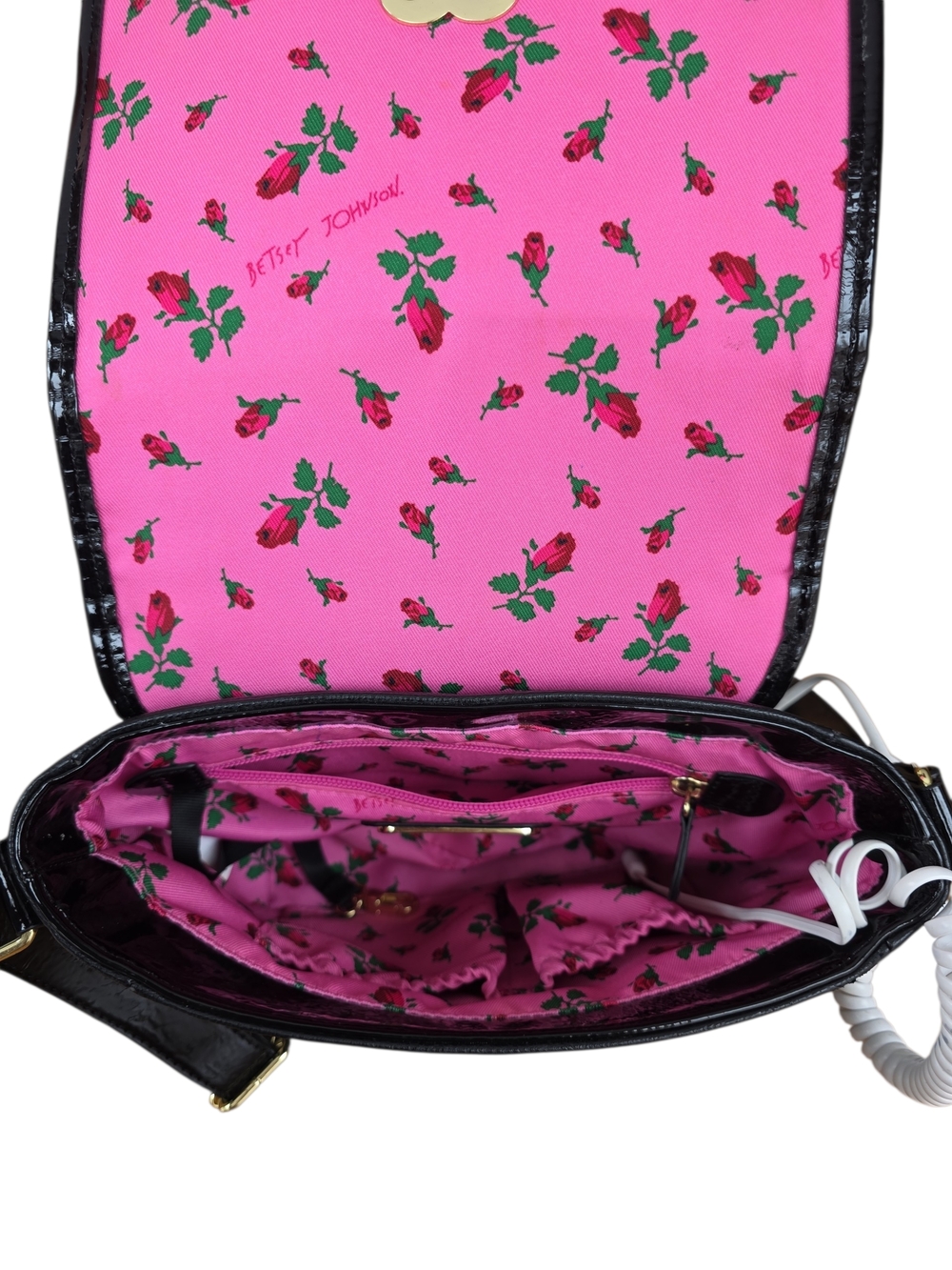 Betsey Johnson Black Crossbody Phone Novelty Bag with Pink/Red Dial Accents - Picture 9 of 10